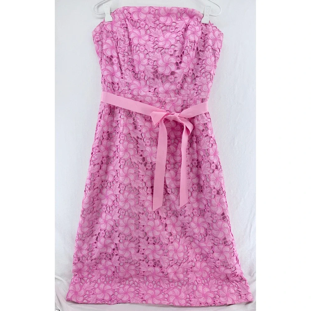 Lilly Pulitzer Pink Floral Eyelet Lace Strapless Dress with Ribbon Belt Size 12 - Picture 2 of 9